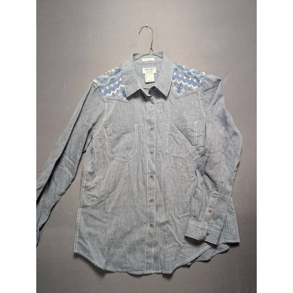 Ariat Real Western Shirt Women Small Blue Embroidered Shoulder Yokes Relaxed Fit